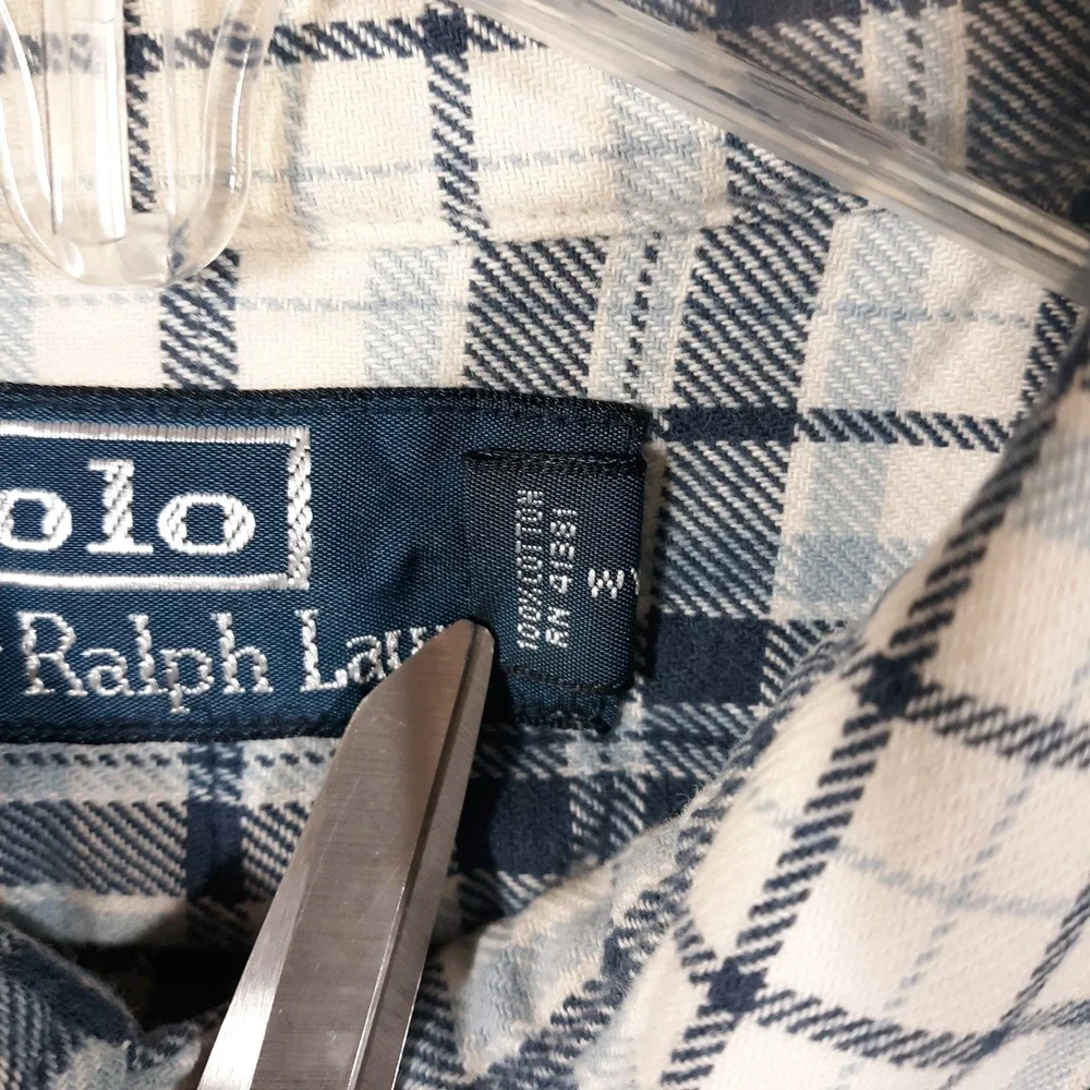 Polo Ralph Lauren Shirt Mens Medium Flannel Pockets Cotton White Blue